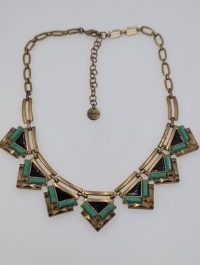 Stella & Dot Gold and Green Art Deco Necklace 0303